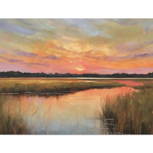 Peinture à l&#39;huile de marais salants, toile de paysage coucher de soleil, art mural nature paisible, impression paysage marin des plaines, décoration de ferme rustique, panoramique