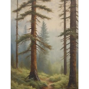 Pine Tree Forest Oil Painting, Misty Woodland Landscape Canvas, Rustic Nature Wall Art, Cabin Decor Print, Evergreen Scene, Foggy Canvas