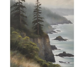 Pacific Northwest Oil Painting Print, Coastline Canvas Art, Ocean Mist Landscape Print, Oregon Seascape, Coastal Pine Trees Wall Decor