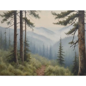 Pine Tree Forest Oil Painting, Misty Woodland Landscape Canvas, Rustic Nature Wall Art, Cabin Decor Print, Evergreen Scene, Panoramic Canvas