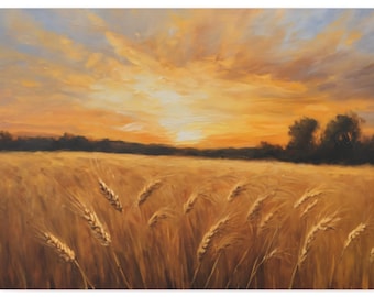 May include: An oil painting depicts a wheat field at sunset. The sky is filled with orange and yellow hues, with the sun setting over the horizon. The wheat field is golden, with individual stalks visible.