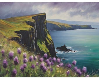 Pintura al óleo de la Isla de Skye, lienzo de las Tierras Altas de Escocia, impresión de paisaje de cardos, arte mural de Escocia, decoración floral rústica, impresión panorámica