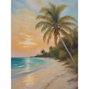 Florida Beach Oil Painting, Sunset Canvas Wall Art, Tropical Palm Tree Print, Coastal Key West Decor, Ocean Breeze Wall Art