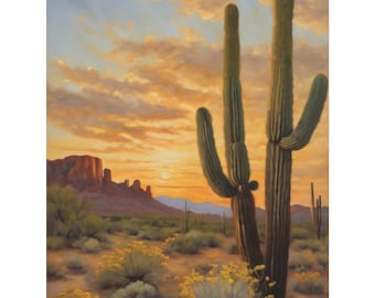 Saguaro Cactus Oil Painting Print, Southwestern Desert Landscape Canvas Art, Arizona Sunset Wall Decor, Colorful Mountain Scene Print