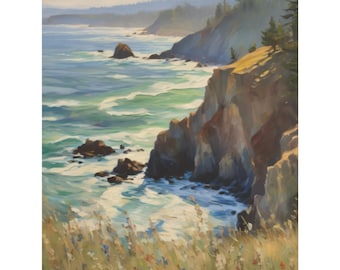 May include: An oil painting depicts a coastal scene with a rugged cliffside, turquoise ocean, and a hazy sky. The foreground features tall grasses and wildflowers. The artwork captures the natural beauty of the coastline with a sense of depth and light.