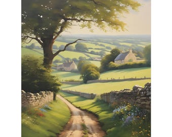 Cotswold Oil Painting, English Countryside Landscape Canvas Art, Rural Village Wall Decor, Yorkshire Dales Nature Scene Print