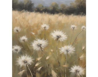 Dandelion Flowers Oil Painting, Beige Floral Canvas Wall Art, Nature Print, White Wildflower Bedroom Decor, Rustic Style,  Dandelion Canvas