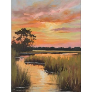 Salt Marsh Oil Painting, Sunset Landscape Canvas, Tranquil Nature Wall Art, Lowcountry Seascape Print, Rustic Farmhouse Decor