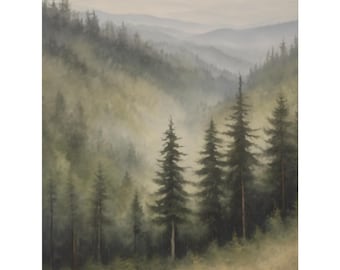 Pine Tree Forest Oil Painting, Misty Woodland Landscape Canvas, Rustic Nature Wall Art, Cabin Decor Print, Evergreen Scene, Foggy Canvas