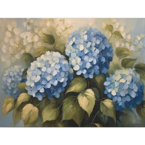 Blue Hydrangeas Oil Painting, Textured Floral Canvas Wall Art, Elegant Botanical Flower Print, Cottagecore Home Decor, Panoramic Canvas