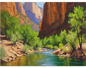 Zion National Park Oil Painting, Utah Canyon Landscape Canvas Art, Angels Landing Scenic Wall Decor, Desert Valley River Print, Panoramic