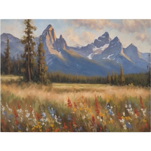 Three Sisters Mountain Oil Painting, Oregon Cascade Range Canvas Art, Field Forest Landscape Wall Decor, Wildflowers  Print, Panoramic