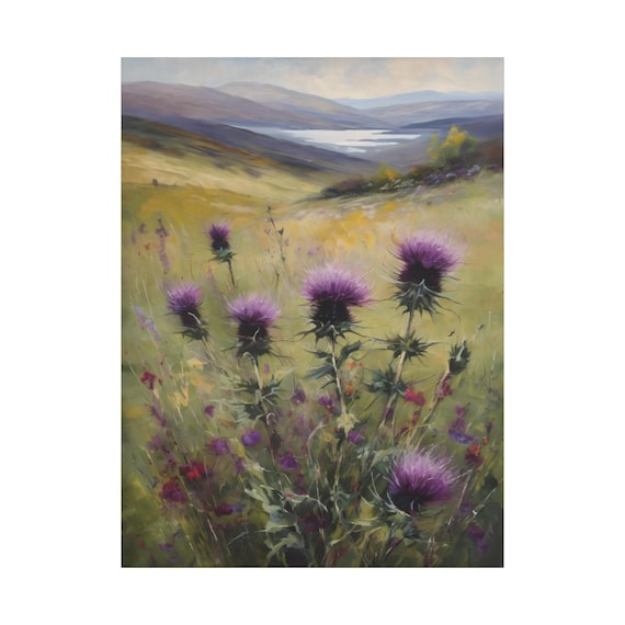 Thistles in Scottish Highlands Oil Painting, Purple Wildflowers Canvas Art, Isle of Skye Landscape Wall Decor, Nature Scene Print