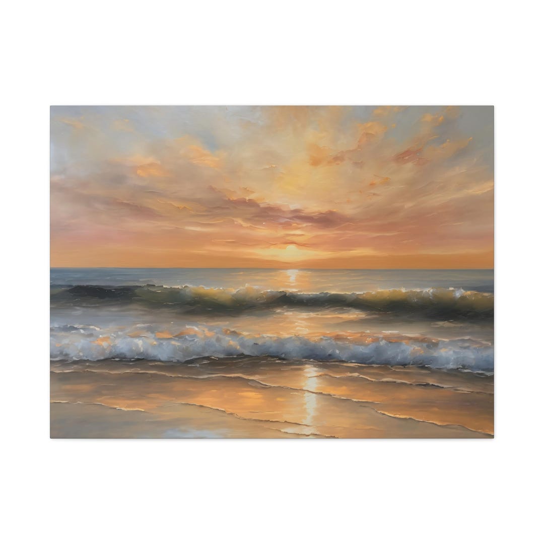Sunset Seascape Oil Painting, Ocean Landscape Canvas Wall Art, Yellow ...