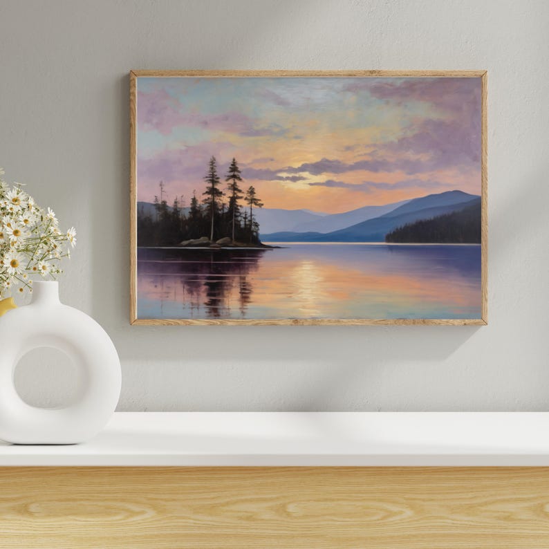 Adirondack Lake Oil Painting, Mountain Landscape Canvas Wall Art, Pine ...