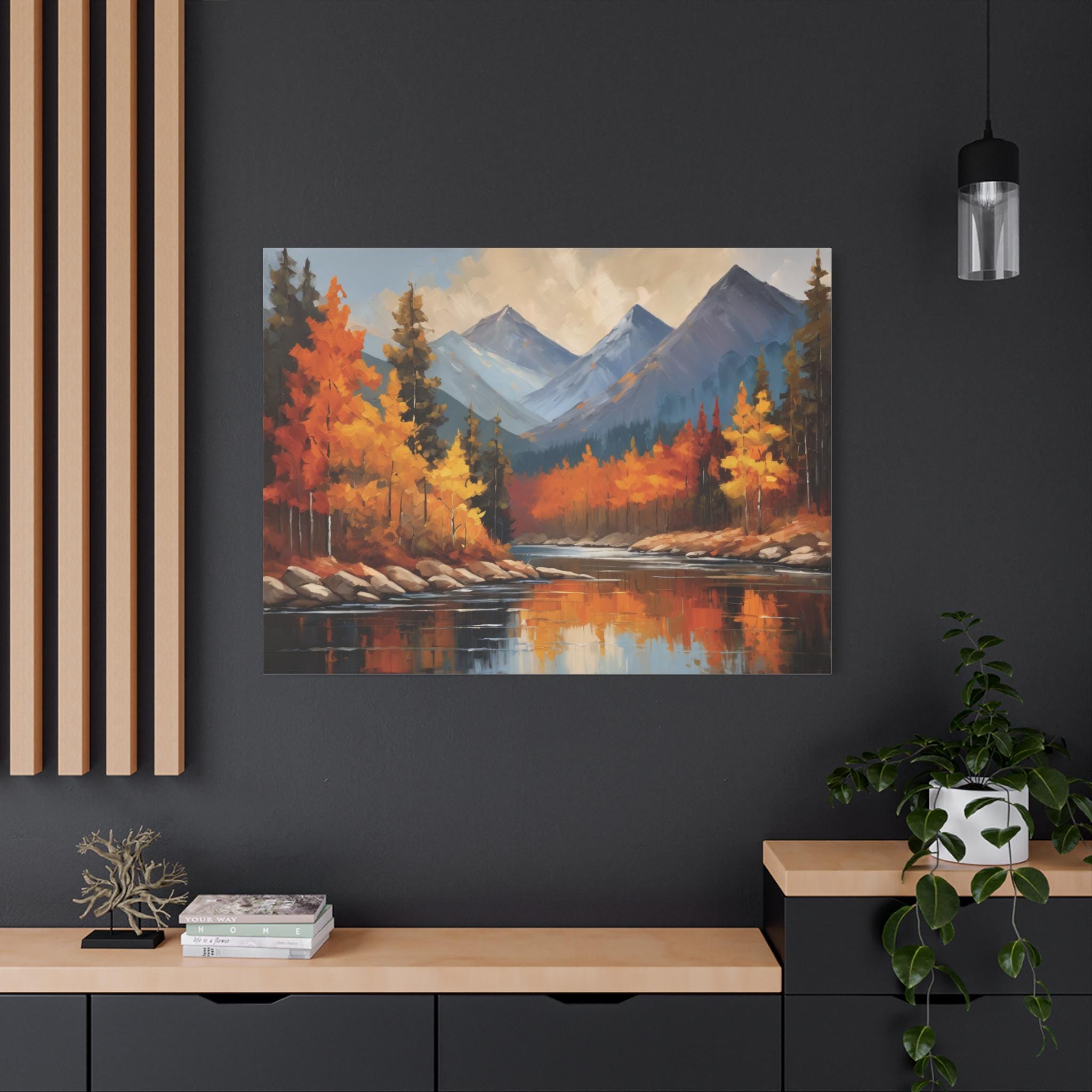 Fall River Oil Painting, Autumn Landscape Canvas Art, Mountain Lake ...