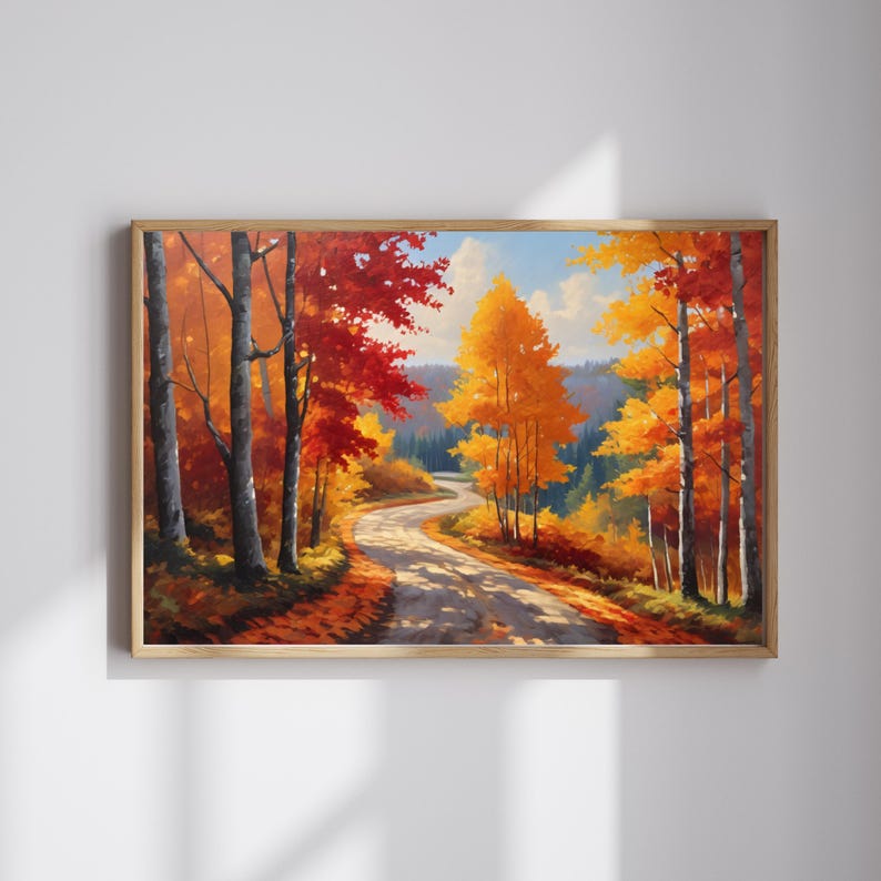 Fall Forest Road Oil Painting, Autumn Trees Landscape Canvas Art ...