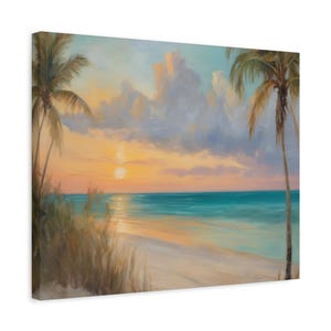 Florida Beach Oil Painting, Sunset Canvas Wall Art, Tropical Palm Tree ...