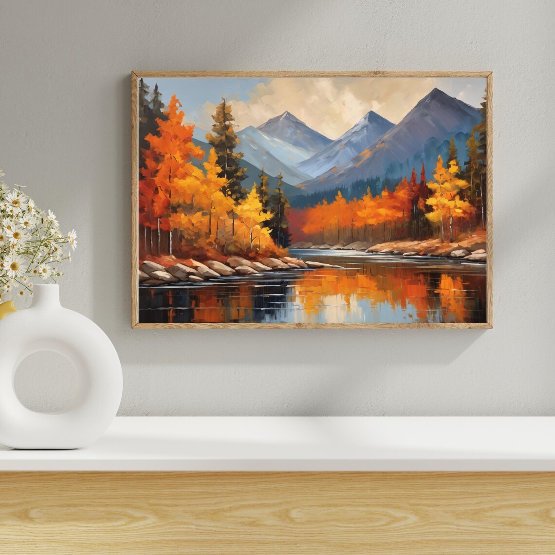 Fall River Oil Painting, Autumn Landscape Canvas Art, Mountain Lake ...