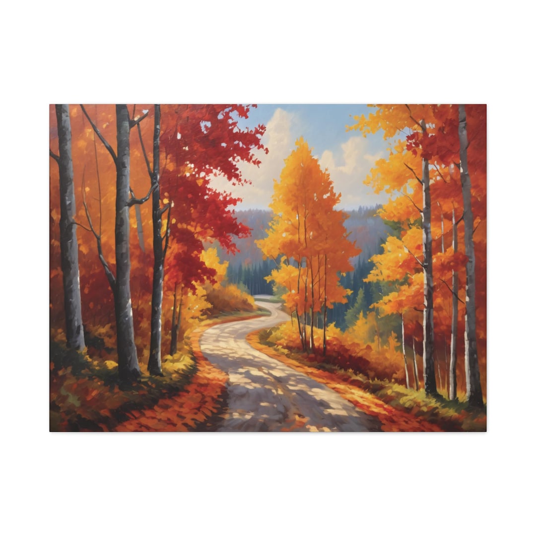 Fall Forest Road Oil Painting, Autumn Trees Landscape Canvas Art ...