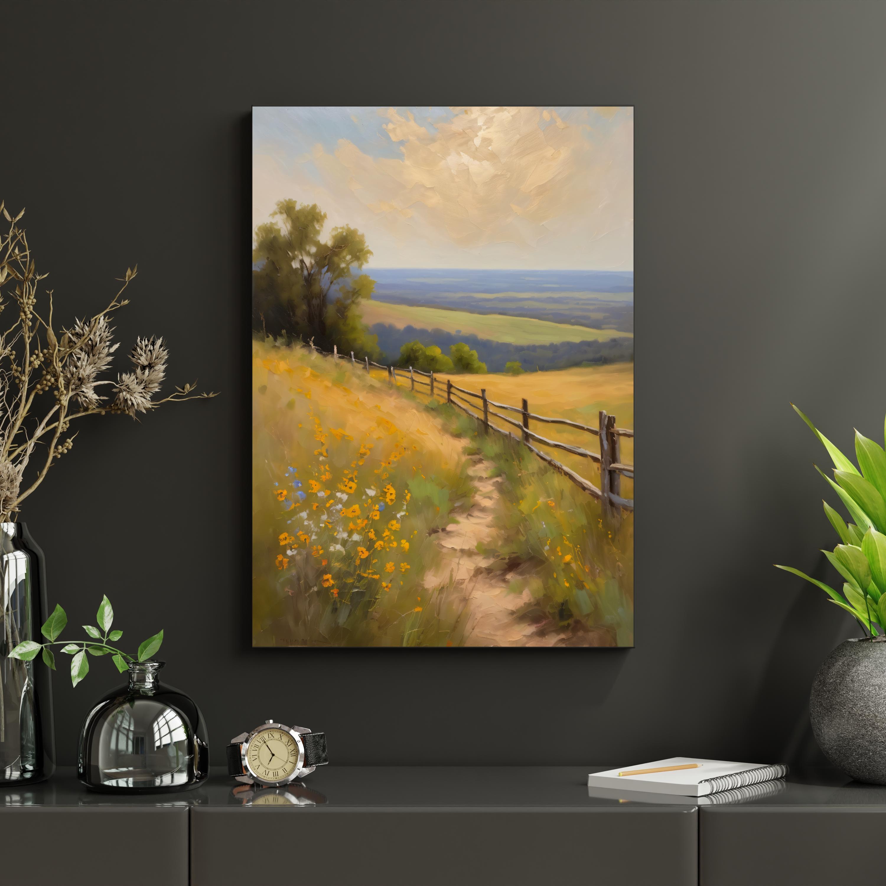 Wildflower Field Oil Painting, Countryside Meadow Landscape Canvas Art ...