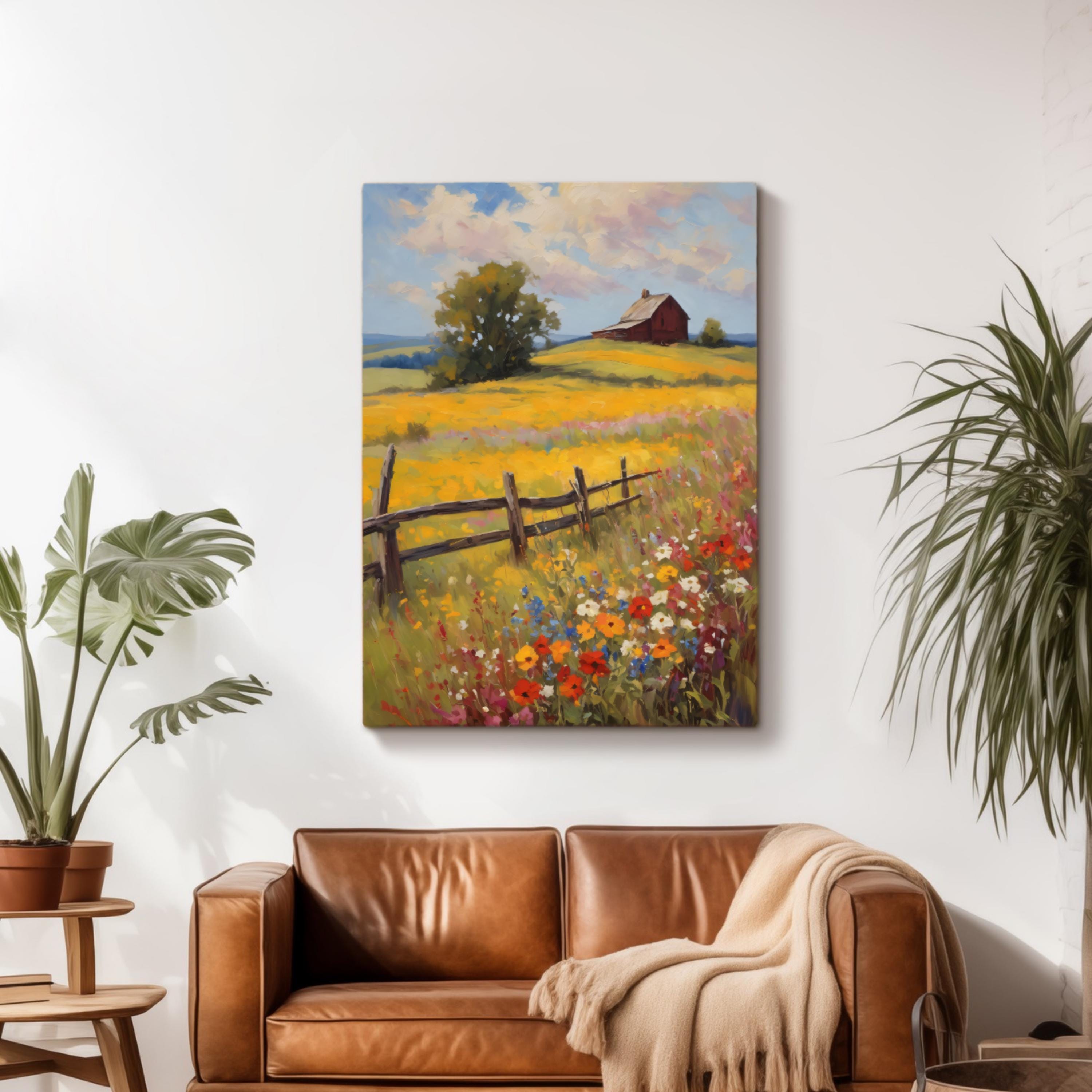 Wildflower Field Oil Painting, Countryside Meadow Landscape Canvas Art ...