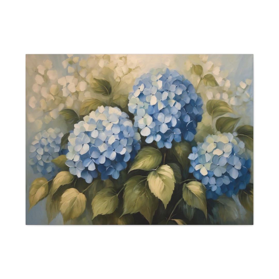 Blue Hydrangeas Oil Painting, Textured Floral Canvas Wall Art, Elegant ...