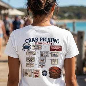 May include: A white t-shirt featuring a blue and red graphic on the back. The design is a crab picking flowchart with text that reads CRAB PICKING FLOWCHART, CANCEL PLANS PICK CRABS, and other instructional steps alongside illustrations of crabs.