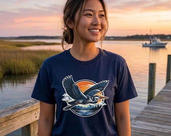Great Blue Heron T-Shirt | Coastal Bird in Flight Graphic Tee | Nature Wildlife Art Shirt | Unisex Softstyle Gildan 64000