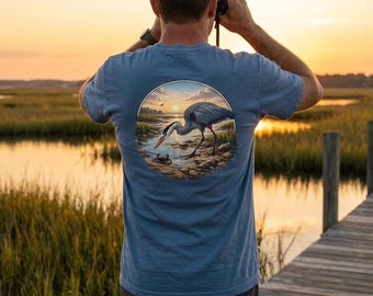 Great Blue Heron Scene T-Shirt | Wetlands Birding Nature Tee