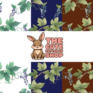 BUNDLE Motif feuilles de vigne et baies sans couture – 3 couleurs de fond – Licence commerciale | La boutique de motifs mignons