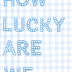Puede incluir: Obra de arte textual con las palabras "HOW LUCKY ARE WE" en letras azul claro con detalles de puntos blancos. Las letras están sobre un fondo de patrón de cuadros vichy azul claro y blanco.