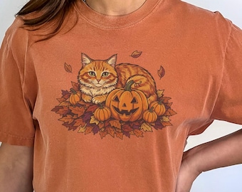 Komfortfarben Ingwer Katze Herbst Shirt - Gemütliches Kürbis T-Shirt - Herbstlaub T-Shirt
