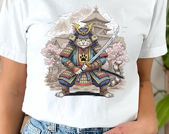 Cute Samurai Cat Tee - Cherry Blossom Warrior, Japanese Aesthetic Streetwear, Pet Lover Gift