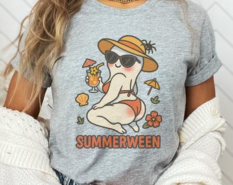 Camiseta de verano, camiseta de fantasmas, camiseta de Halloween para chicas, camiseta de temporada espeluznante, regalo para Halloween, camiseta de playa, camiseta de verano, camiseta gráfica