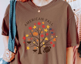 Comfortkleuren Amerikaans herfstshirt, retro Halloween, Thanksgiving-cadeau, vintage herfstsfeer, voetbalseizoen-T-shirt, BBQ-liefhebber, gezellige sfeer