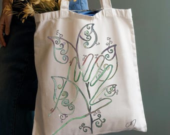 Hand-Drawn Botanical Tote – Whimsical Leaf Design in Green & Purple
