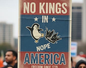 No Kings in America – Anti-Trump Protest Poster | Resistance Penguin Art | Anti-MAGA Political Sign for Civic Rallies