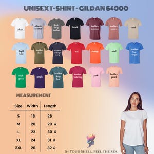 May include: A selection of Gildan 64000 unisex t-shirts in multiple colours, such as white, black, and red. The image includes a size chart with measurements in inches, and a woman wearing a white t-shirt.