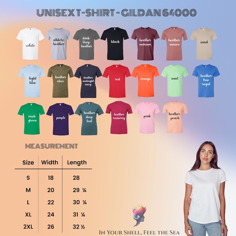 May include: A selection of Gildan 64000 unisex t-shirts in multiple colours, such as white, black, and red. The image includes a size chart with measurements in inches, and a woman wearing a white t-shirt.