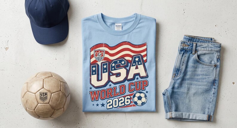 May include: A light blue t-shirt with a USA World Cup 2026 graphic, a navy blue baseball cap, a vintage football, and denim shorts. The shirt features a distressed American flag design and football graphic.