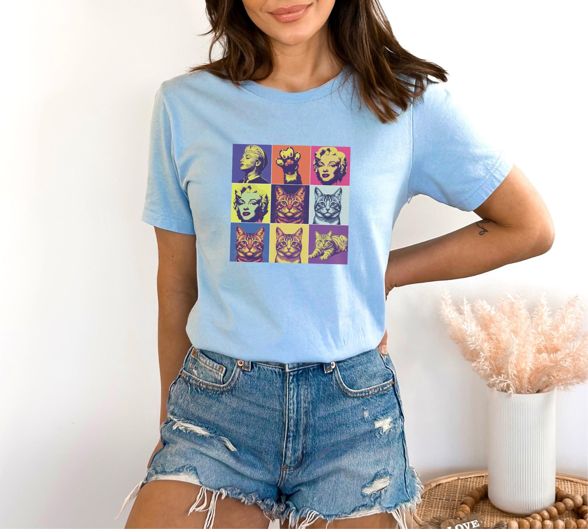 ポップアートのマリリン・モンローと猫のTシャツ、ヴィンテージシルク 