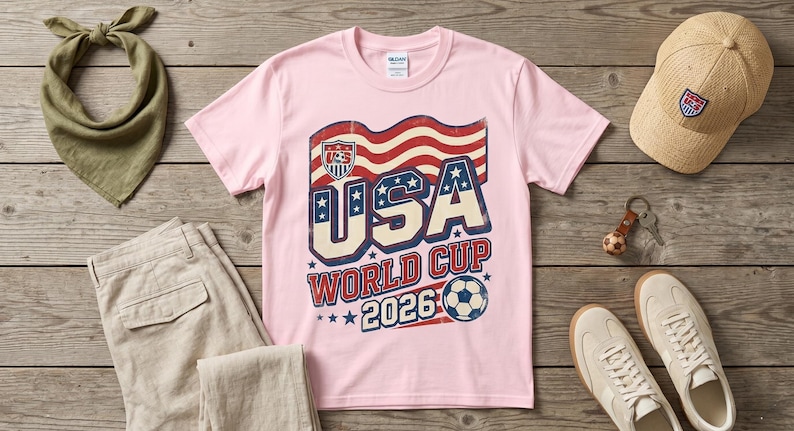 May include: A pink t-shirt with a USA World Cup 2026 graphic, alongside beige trousers, a baseball cap, trainers, and a green bandana. The items are displayed on a wooden surface, creating a casual, sporty aesthetic.