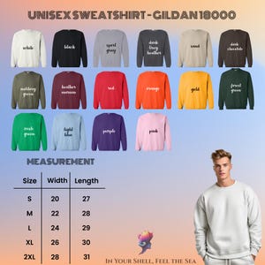 May include: A range of unisex Gildan 18000 sweatshirts in colours like white, black, and red. The image includes a size chart with measurements in inches, which are approximately 51cm to 71cm in width and 69cm to 79cm in length.