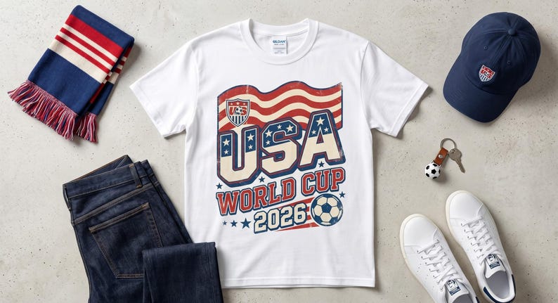 May include: A white t-shirt with a USA World Cup 2026 graphic, a navy baseball cap, white trainers, a scarf, and a pair of blue jeans. A soccer ball keyring is also present.