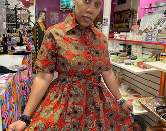 Orange button down Ankara knee length dress with ruffled hemline, Size Sm to Medium African dress