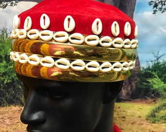 Nigerian Igbo Chief Men’s Hat, Men’s African Chieftain’s Hat, Velvet Kufi Hat, Cowries Royalty Hat size 25”