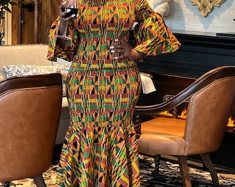 Freesize Elastic African dress, Women’s Kente maxi dress, Freesize size African dress Fits Small to 2X