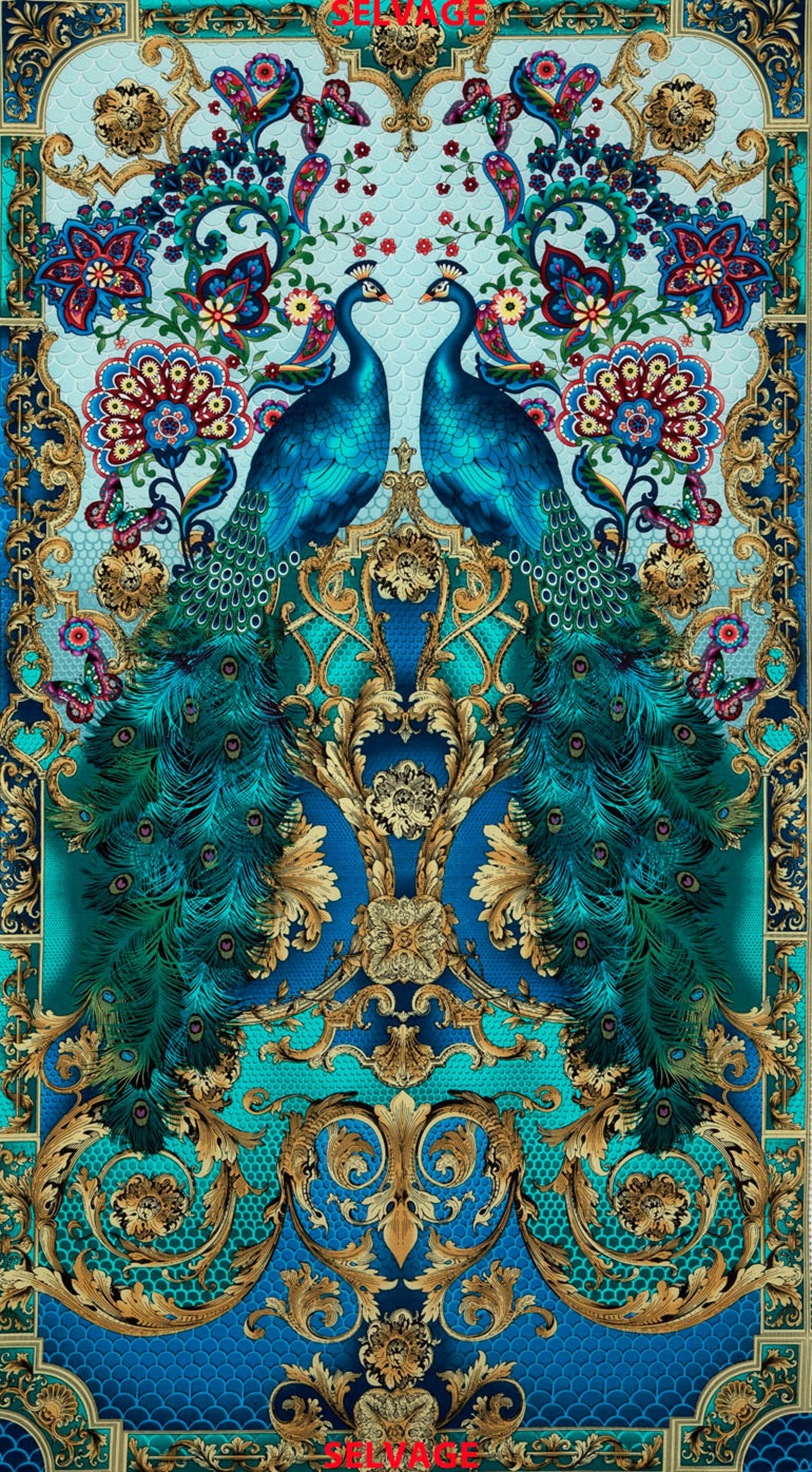 Turquoise color Peacock print fabric from Timeless Treasures | Etsy