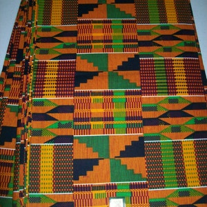 Traditional Kente Print in Orange, green and black per yard and wholesale, Kente #2/ African Clothing/ African Stoles